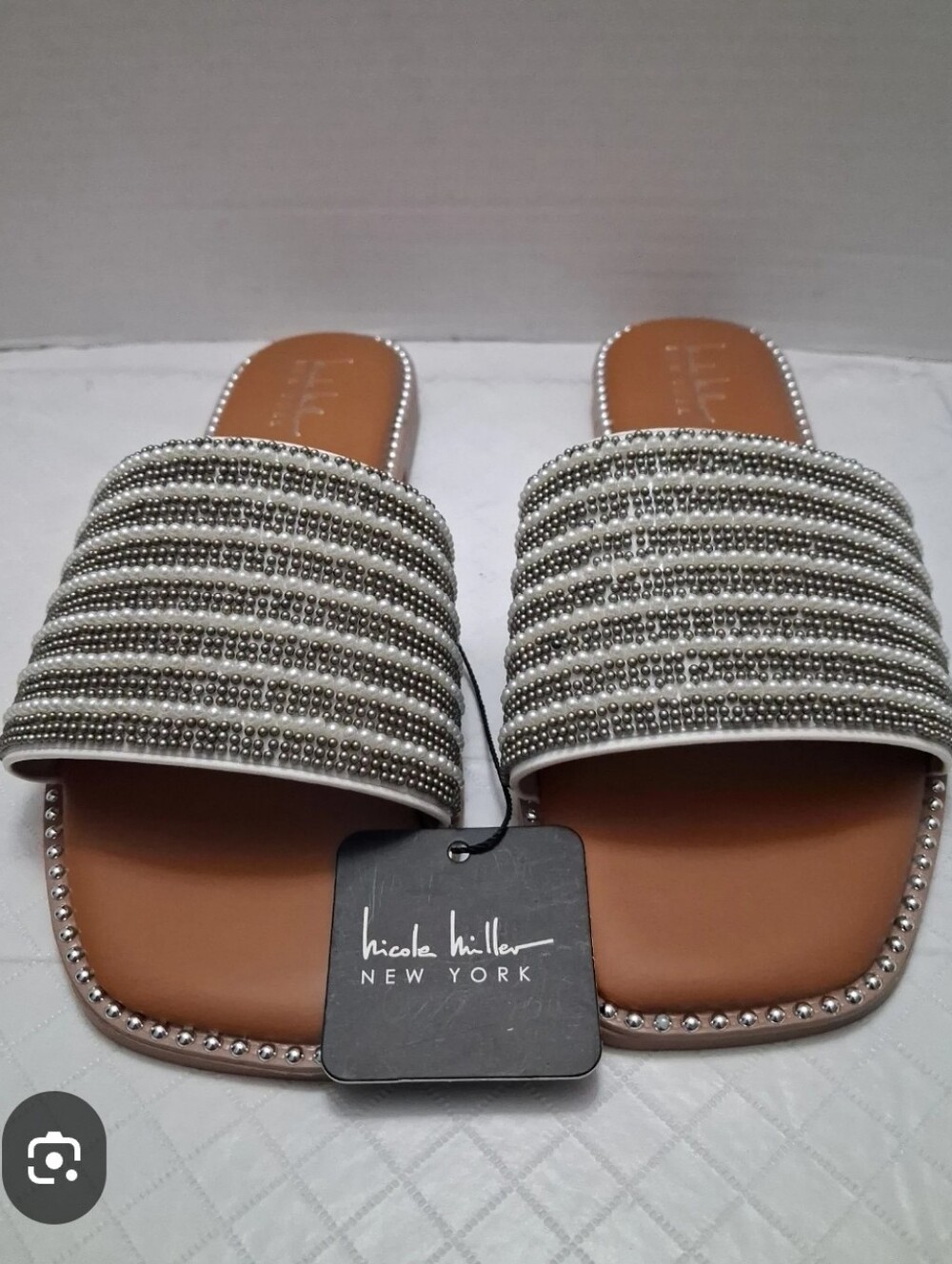 Nicole Miller Silver & White Beaded Slide Sandals